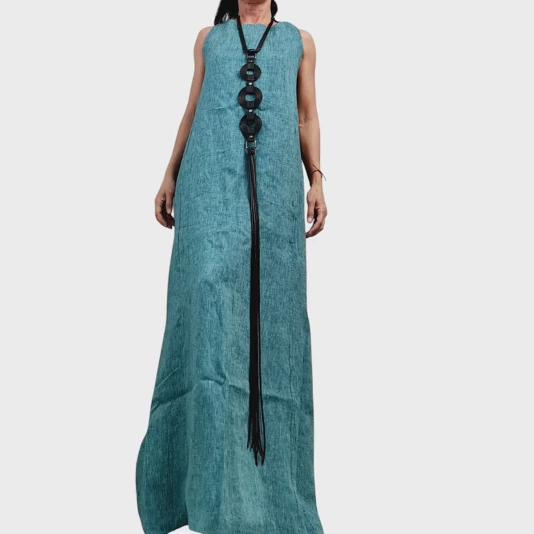 Turquoise Linen Maxi Dress for Women, Long Asymmetric Summer Dress, Convertible Loose Fit Clothing