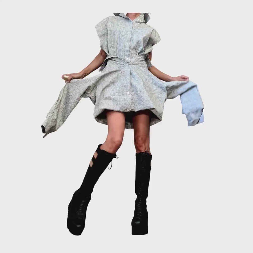 Grey Linen Transformable Shirt with Corset, Asymmetric Oversize Shirt