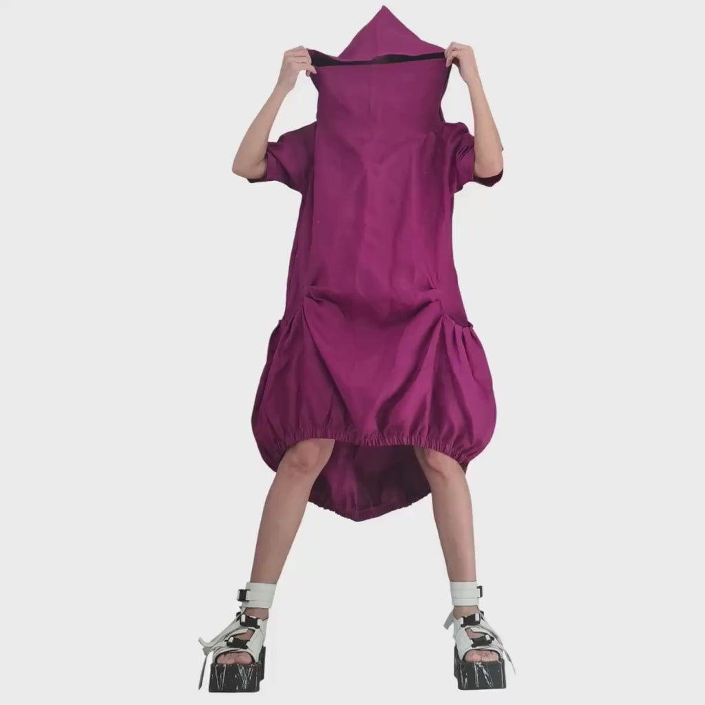 Plum Purple Linen Hooded Dress, Asymmetric Off Shoulder Dress, Oversized Short Sleeve Dress, Avant Garde Handmade Clothing