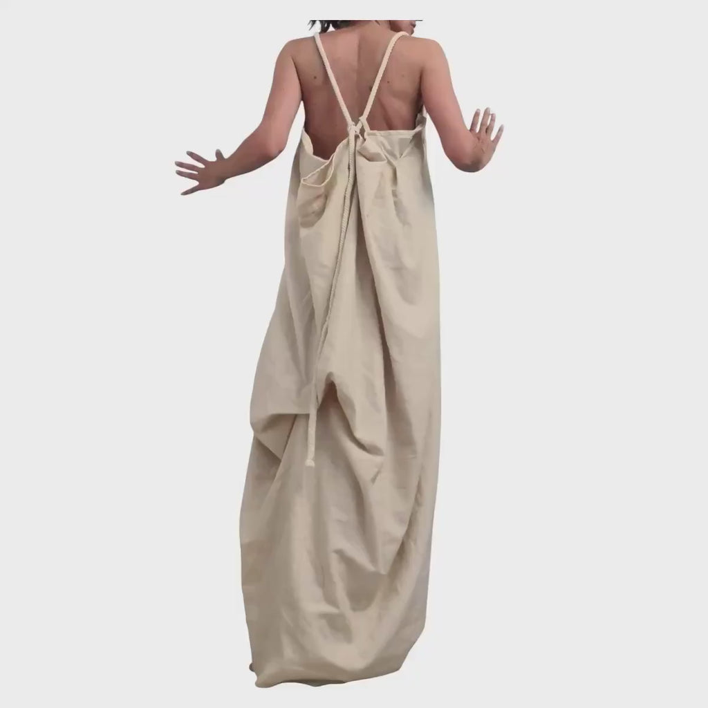 Beige Linen Long Dress, Asymmetric Plus Size Clothing, Sleeveless Open back Dress