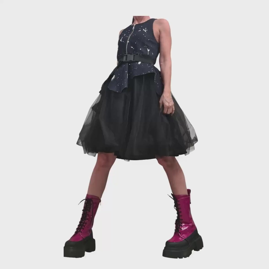 New collection Denim Extravagant Dress, Asymmetric Denim Tulle Dress, Sleeveless Dress, Sexy Dress, Party dress