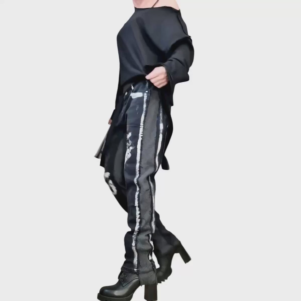 Extravagant Denim Pants, Casual Denim Harem Pants, Painted Streetwear Pants, Unisex Denim, Women Denim Harem