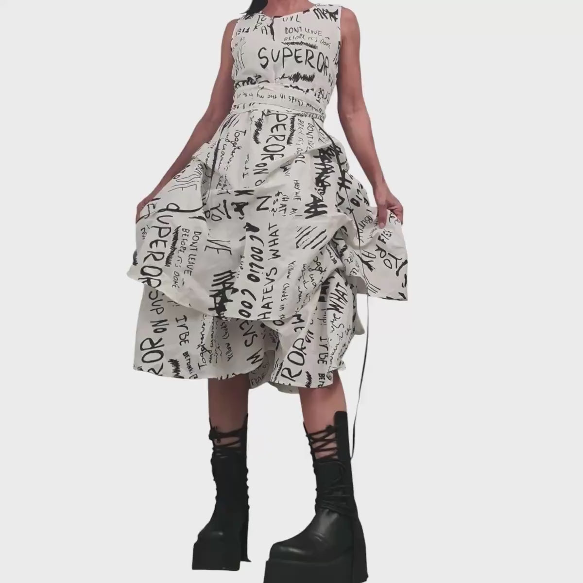 White Linen Graphic Print Dress for Women, Extravagant Sculptural Form, Avant Garde Clothing