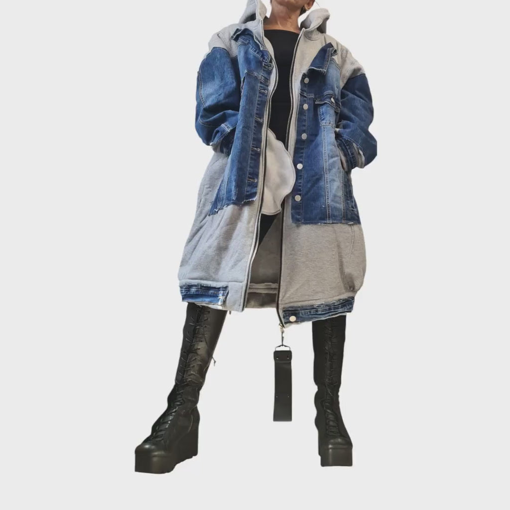 Avant Garde Denim Cotton Hoodie | Oversize Plus Size Sweatshirt | Handmade Streetwear for Women