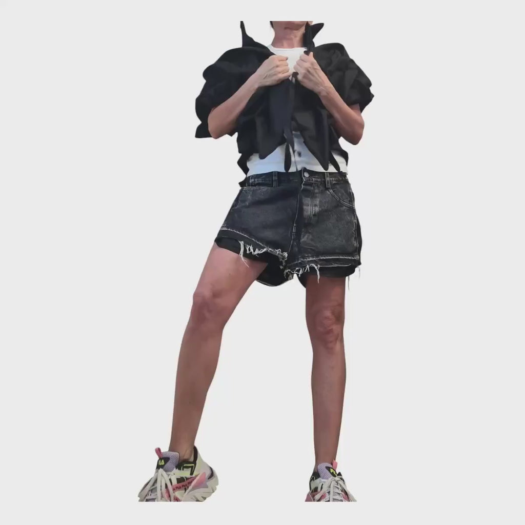 Black Denim Extravagant Jacket, Women Short Jacket, Asymmetric Jacket