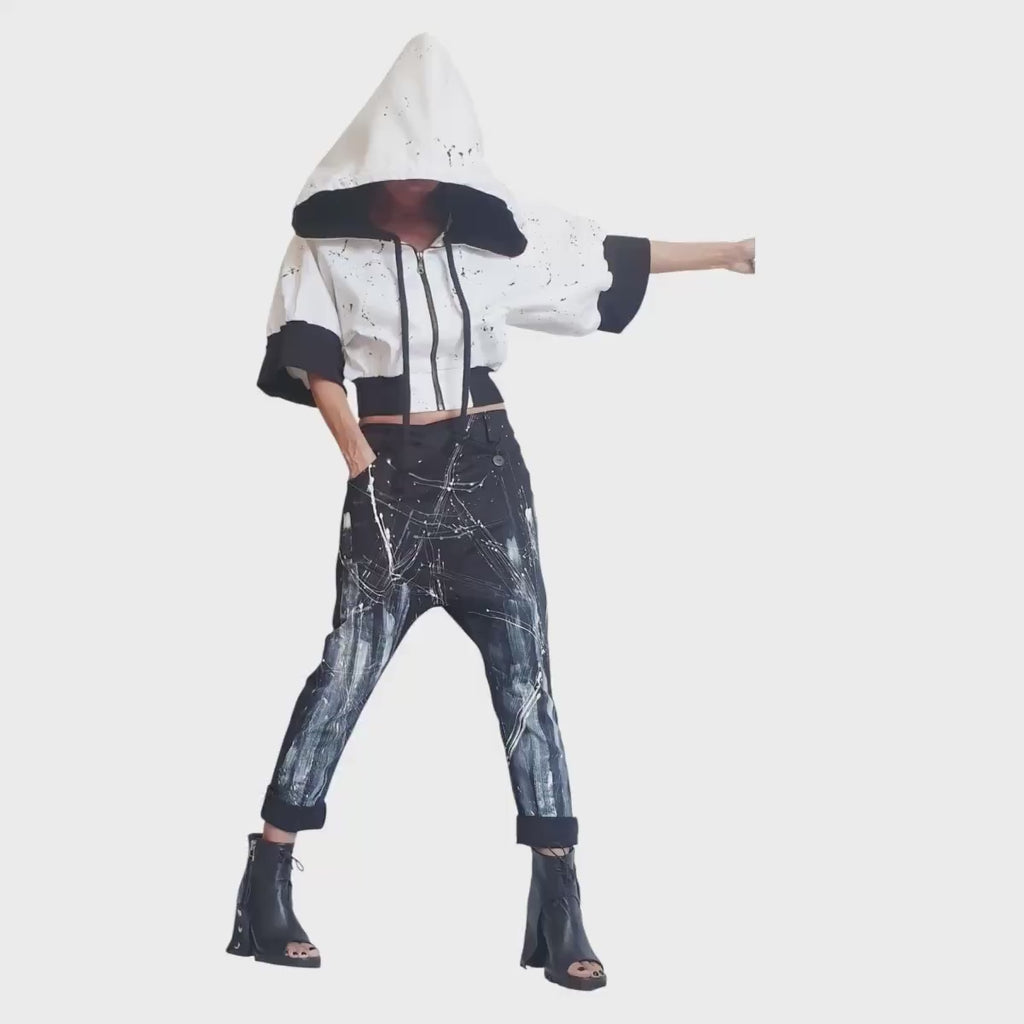 White Black Bomber Jacket Oversized Hooded Denim Coat | Urban Plus Size Streetwear for Women