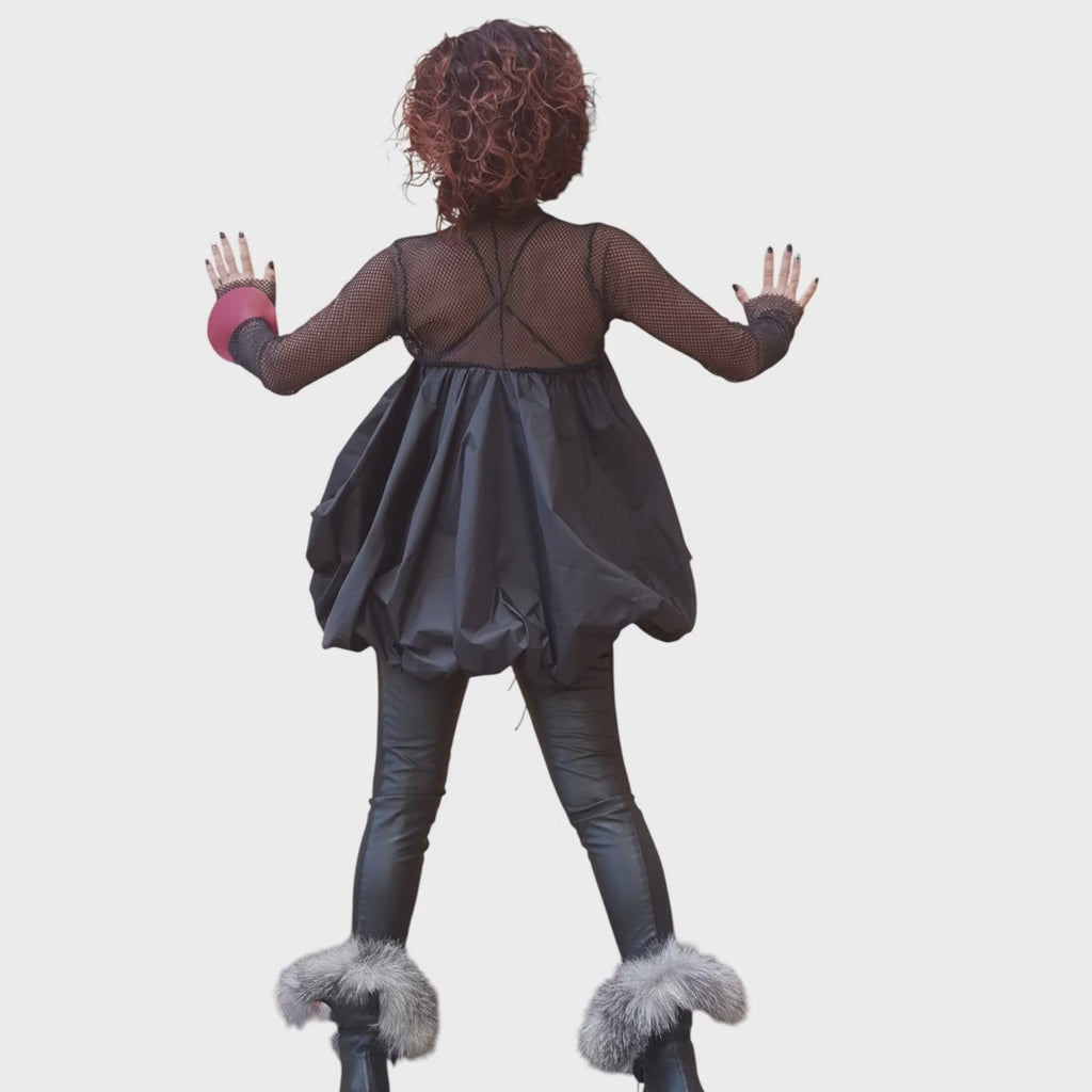 Extravagant Black Tunic | Avant-Garde Mesh Sleeve Top | Deconstructed Fashion