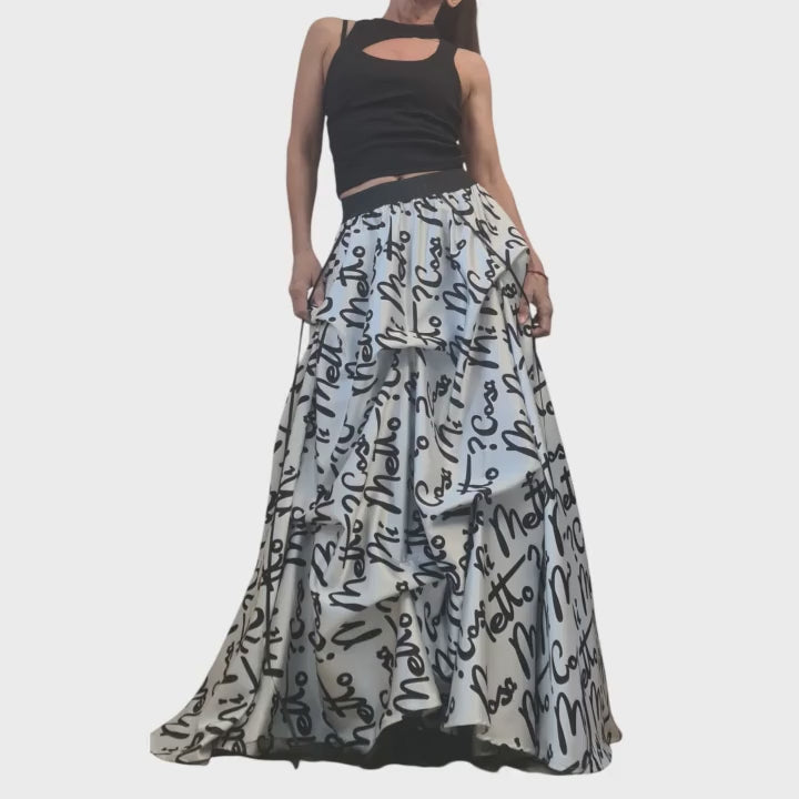 Extravagant Script Print Skirt Dress, Avant Garde Cotton Satin Tulle Maxi, Black White Transformable Gown with Drawstrings