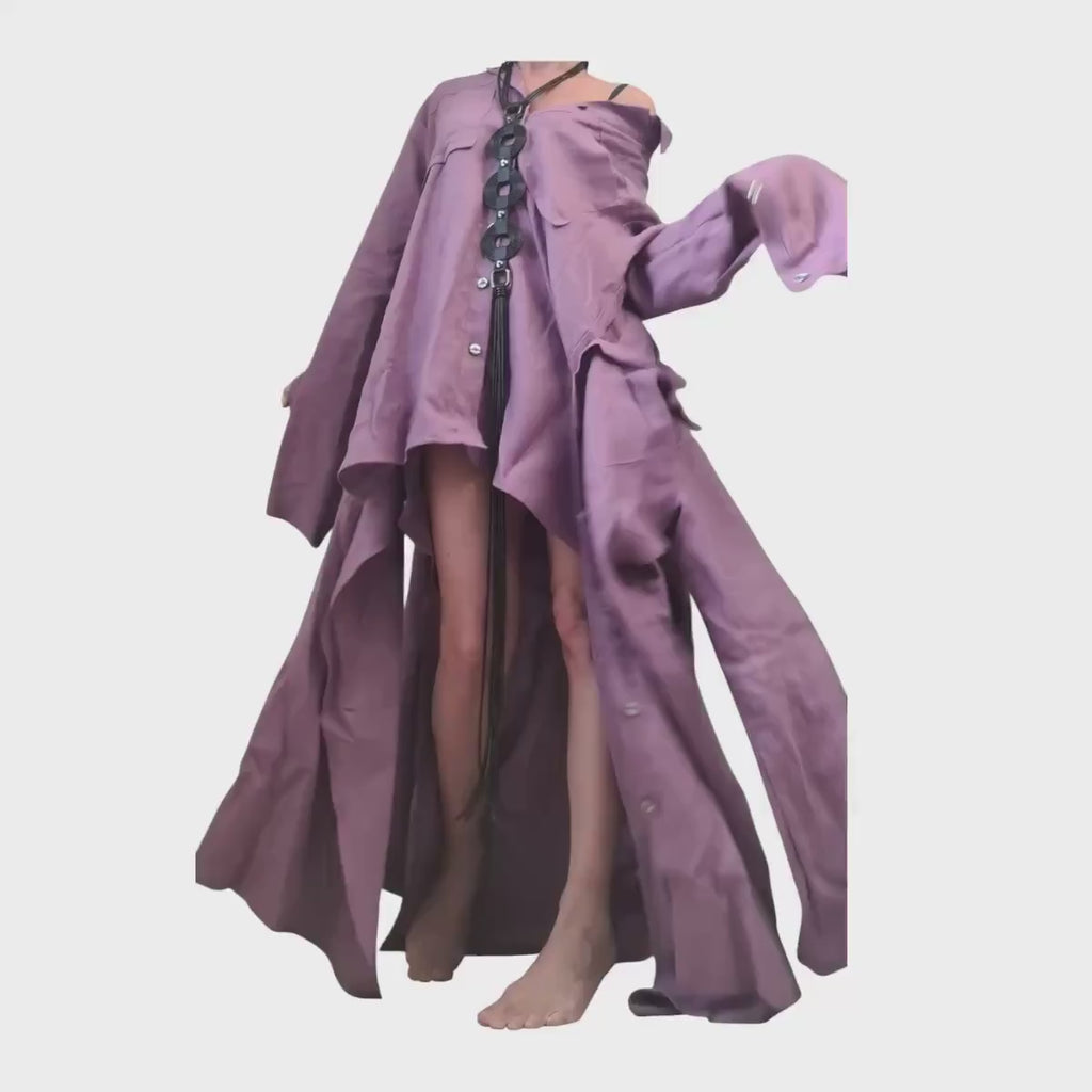 Lavender Linen Shirt,  Asymmetric Long Kaftan