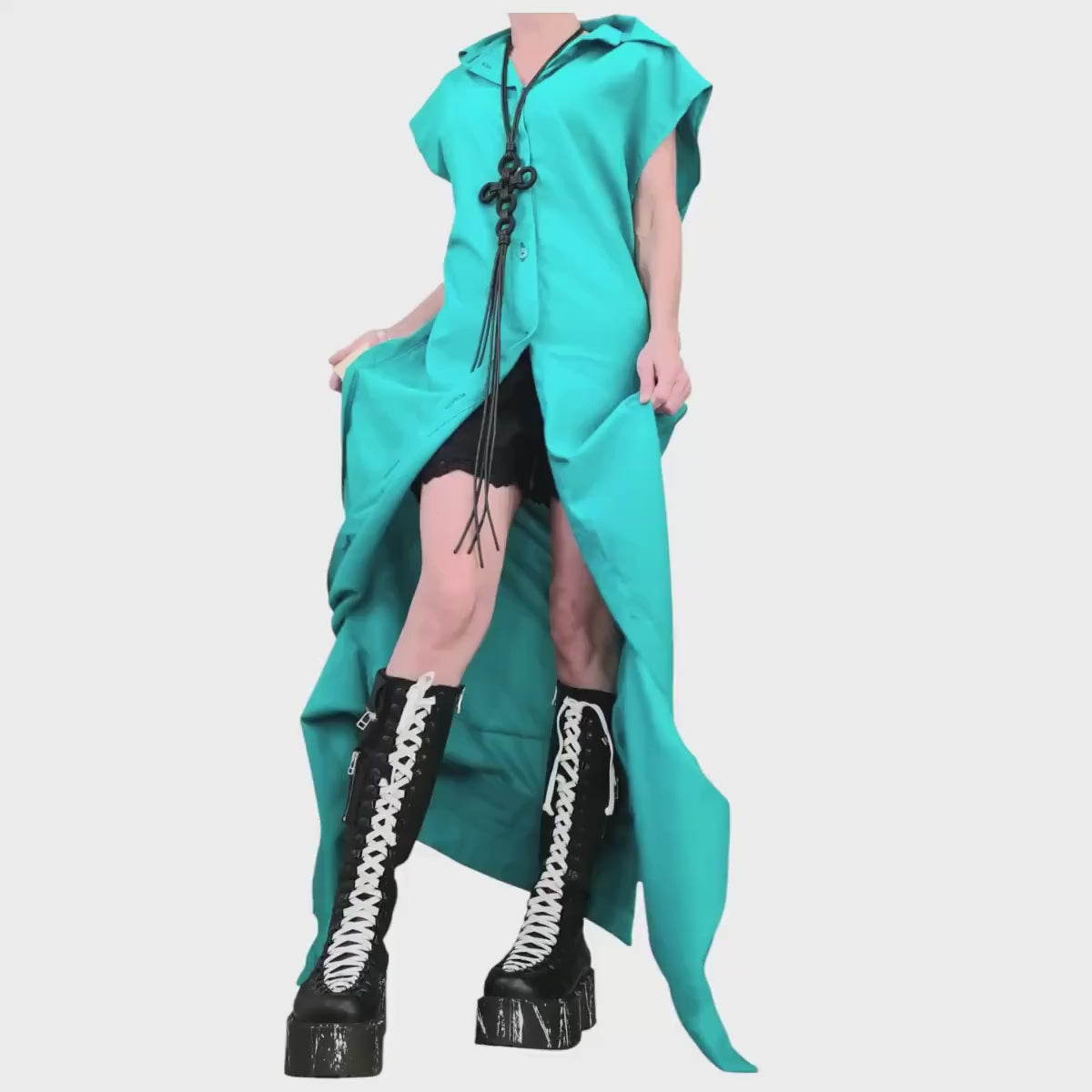 Turquoise Linen Deconstructed Tunic for Women, Transformable Layered Top, Asymmetric Oversize Shirt