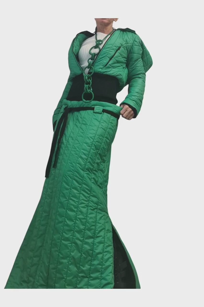 Green Quilted Maxi Skirt | Winter Puffer Design with Side Zippers | Avant-Garde Insulated Piece