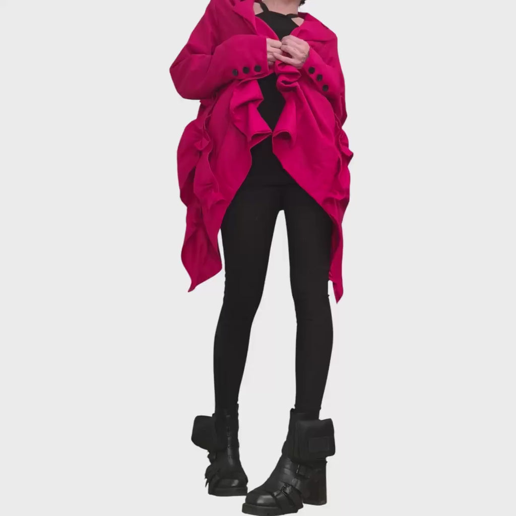 Red Linen Asymmetric Jacket, Open Back Short, Long Front Ruched Design, Avant Garde Blazer