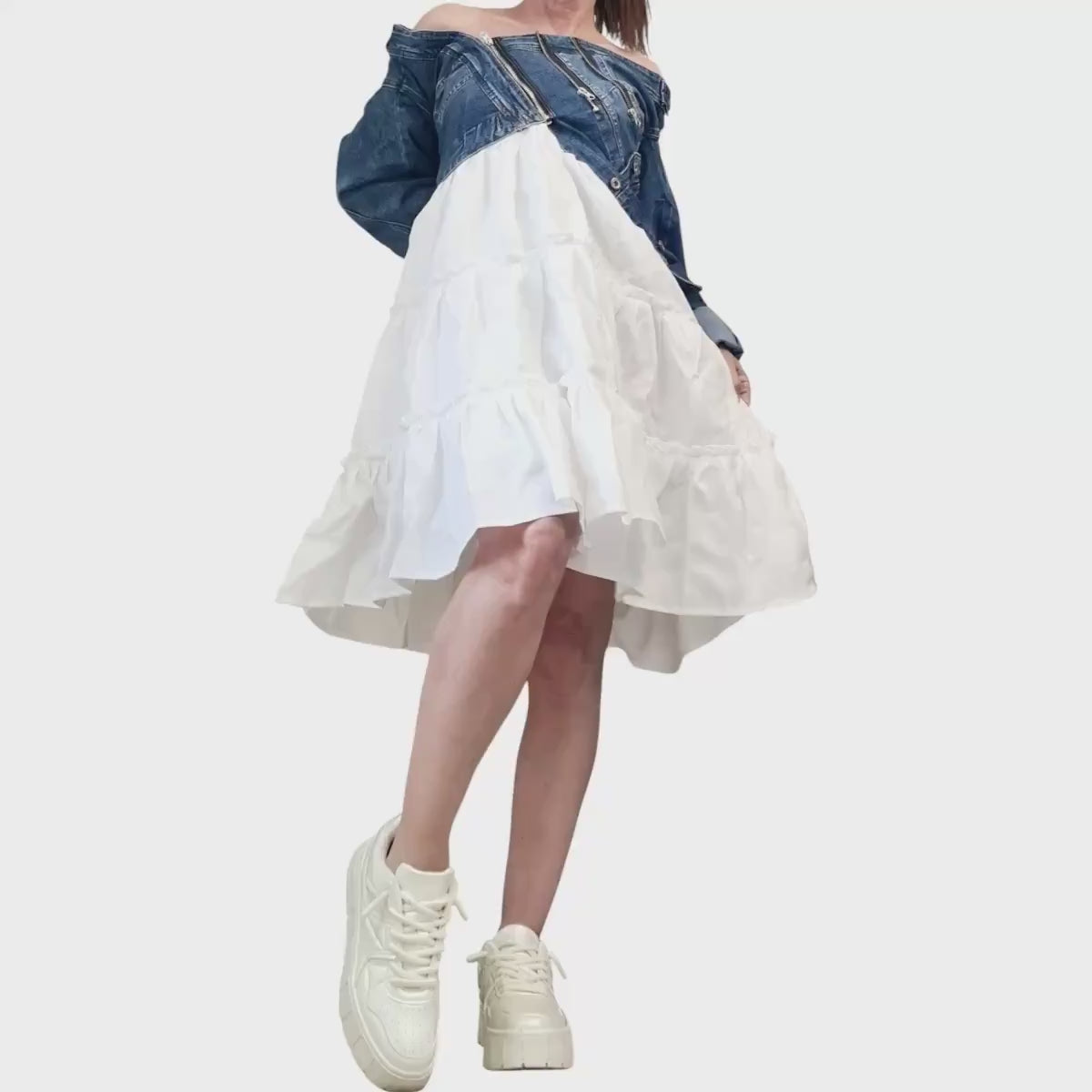 White Denim and Linen Dress for Women, Off Shoulder Asymmetric Ruffle Dress, Oversize Clothing