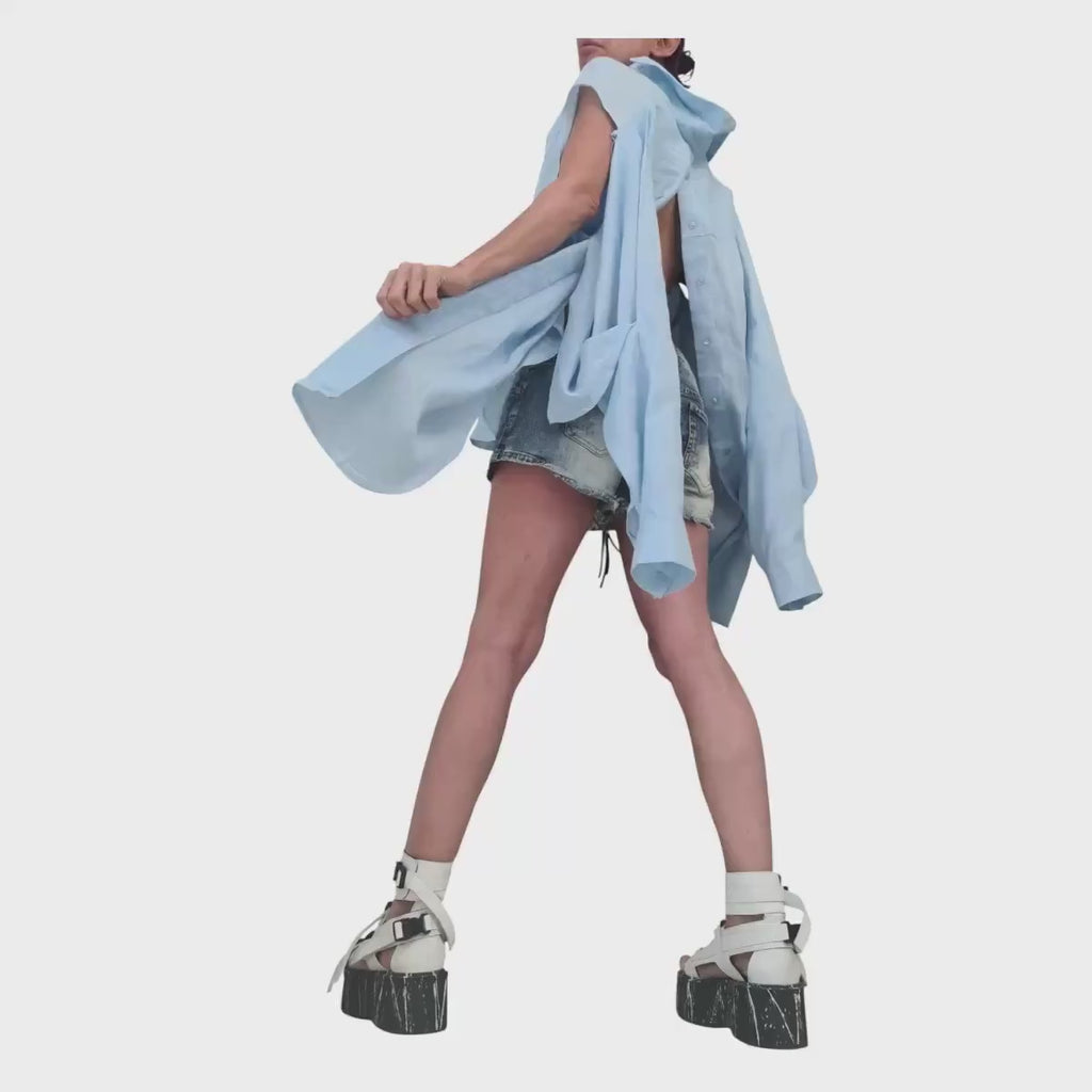 Turquoise Linen Shirt, Avant Garde Top, Asymmetric Oversize Tunic, Open Back Design, Handmade Womenswear