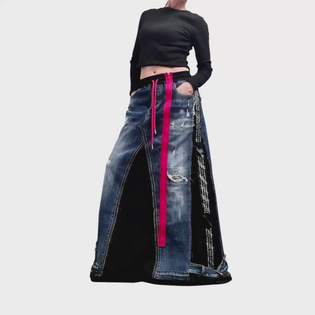 Denim Maxi Skirt for Women, Asymmetric Patchwork, Avant Garde Handmade Long Skirt, Deconstructed Skirt