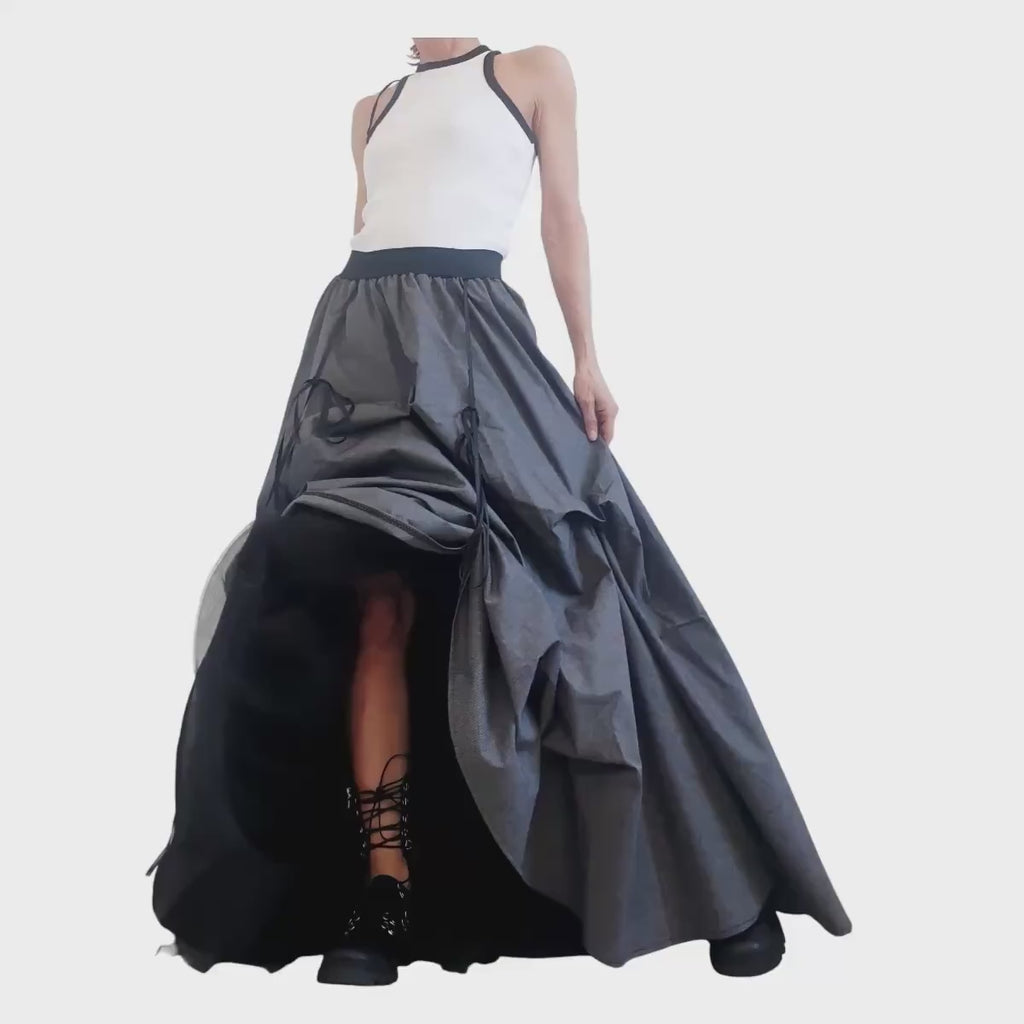 Dark Grey Cotton Sateen Maxi Skirt Dress, Adjustable Drawstrings, Layered Tulle, Convertible Design