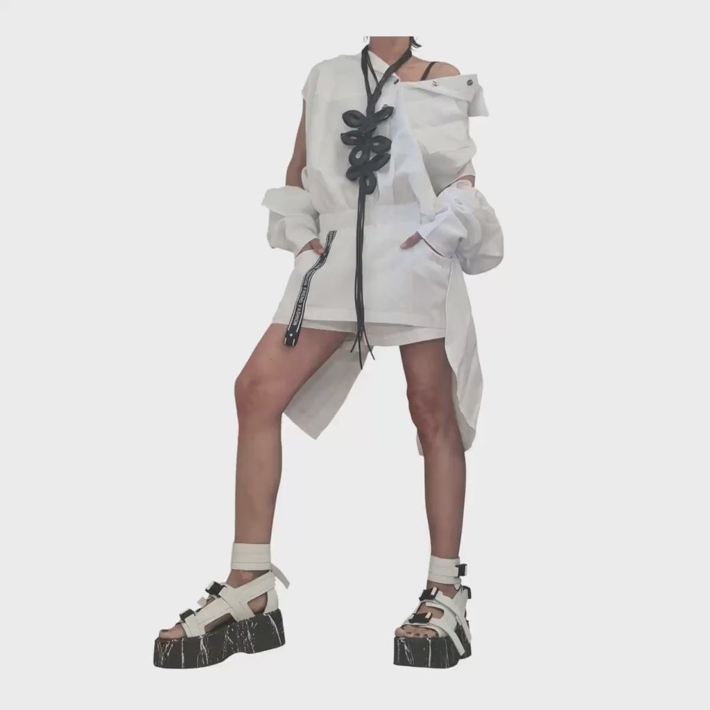 White Linen Two Piece Set, Open Back Shirt and Shorts Skirt