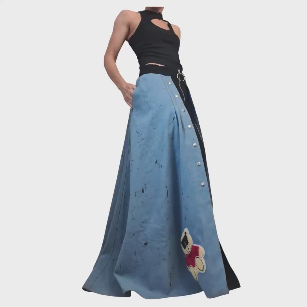 New collection Extravagant Long Skirt, Cotton Denim Skirt, Deconstructed Avant Garde Skirt