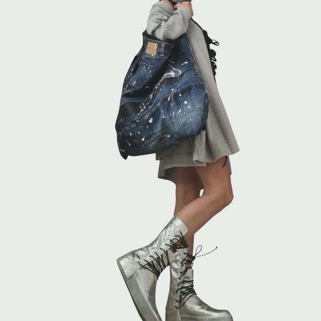 Handmade Oversized Denim Tote Bag, Painted Jeans Hobo Purse