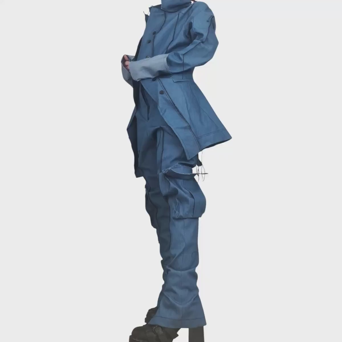 New collection Extravagant Denim Women Costume, Asymmetric Avant Garde Blazer, Women Cargo Pants, Deconstructed Futuristic Clothing