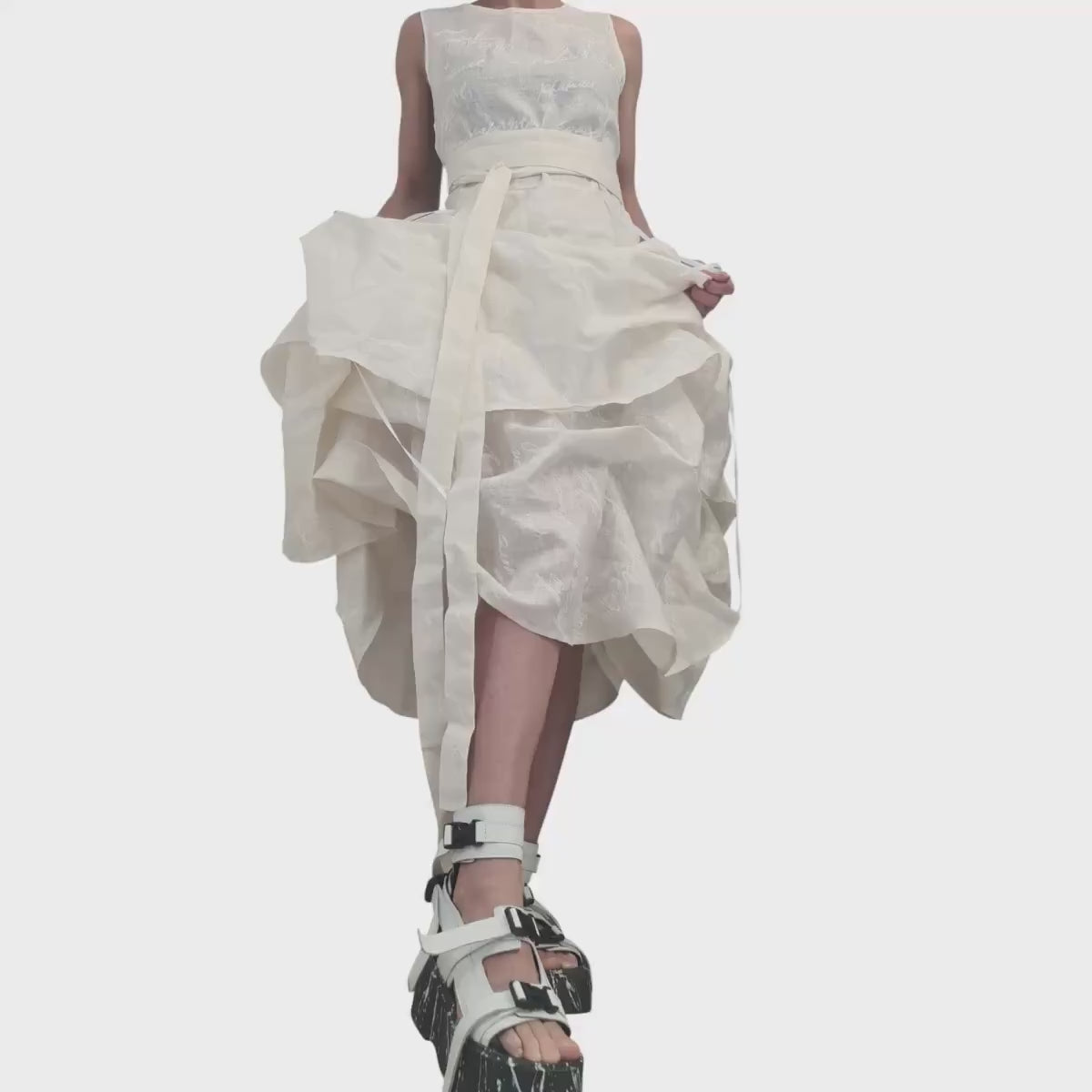 Champagne Linen Asymmetric Dress for Women, Sleeveless Layered Midi Dress, Graphic Sculptural Skirt Avantgarde