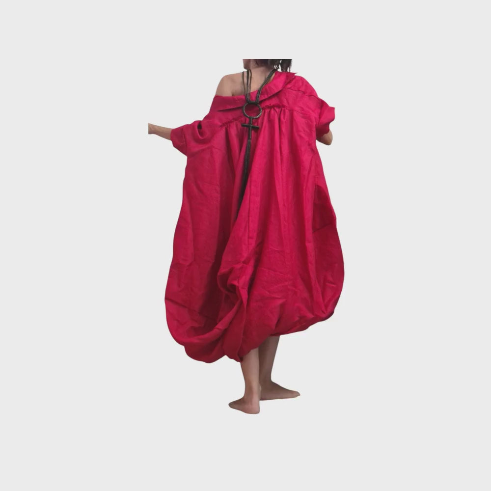 Red Oversized Linen Tunic Dress | Voluminous Mid Calf Length