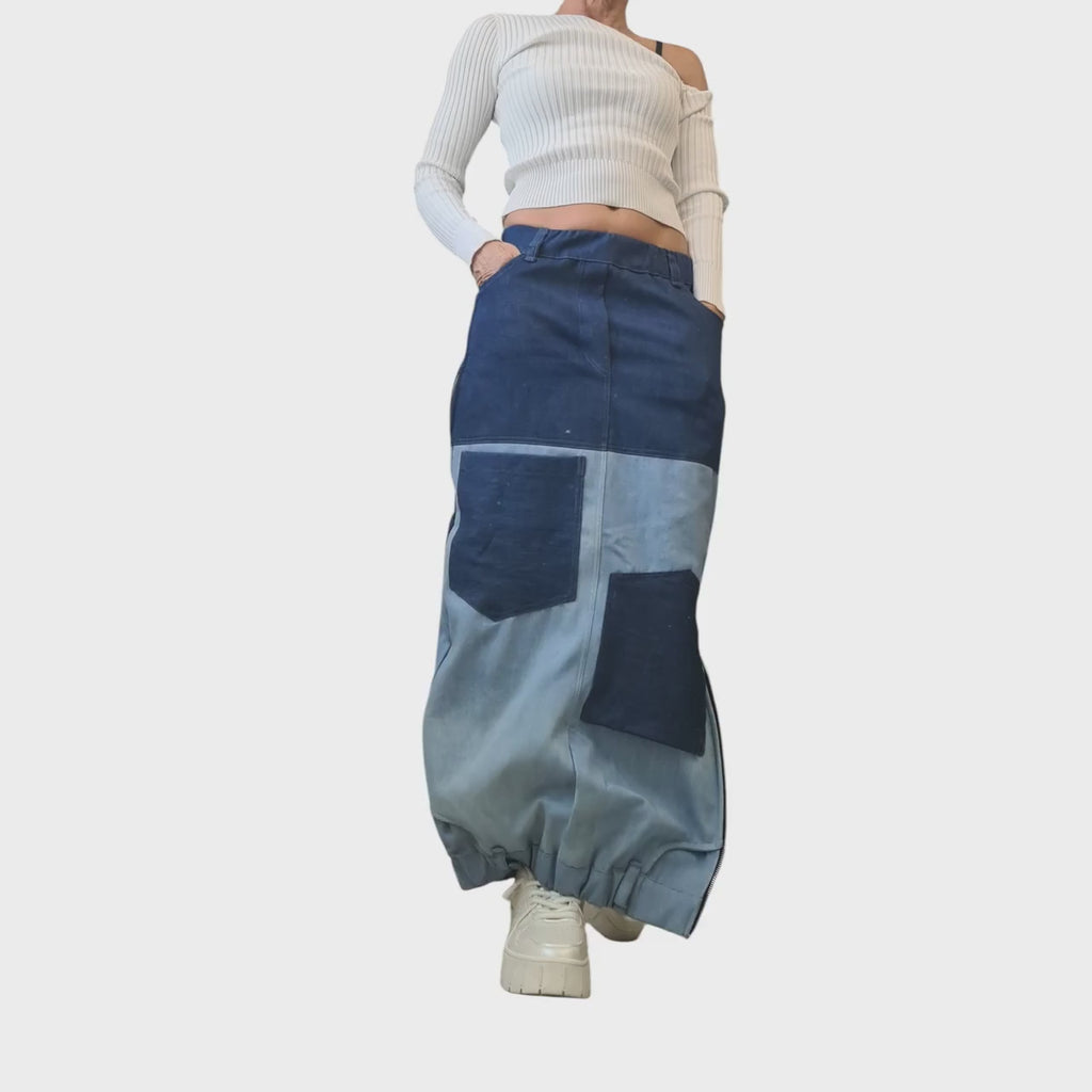 Reversible Two-Tone Denim Maxi Skirt | Handmade Patchwork Skirt, Women’s Clothing