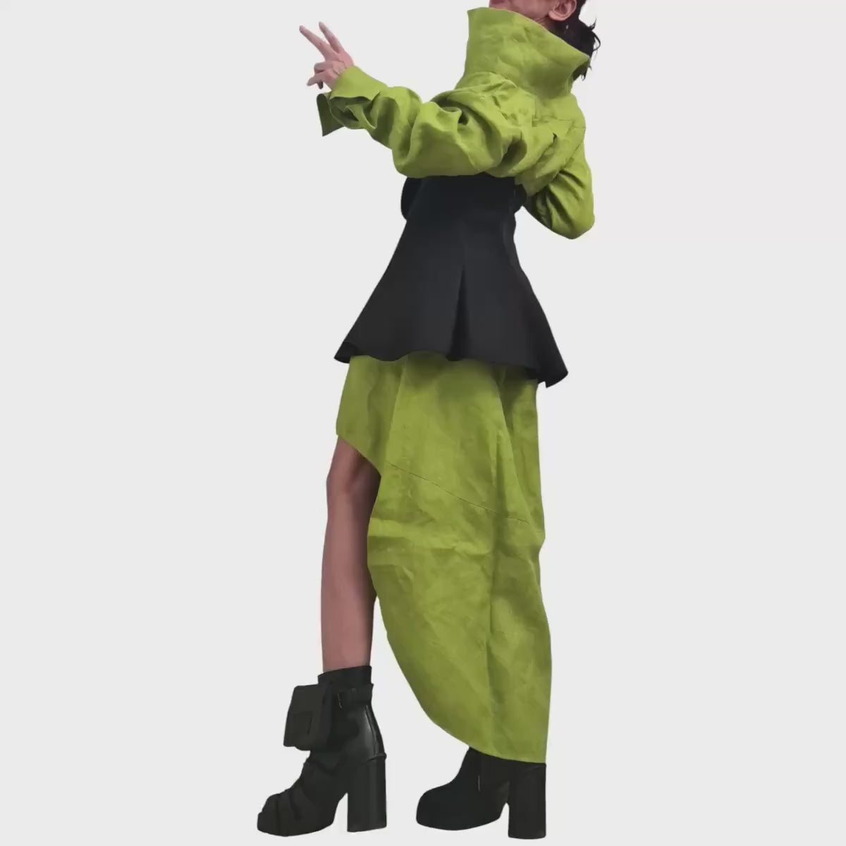 Pistachio Linen Shirt Dress with Neoprene Corset, High Low Hem, Asymmetric Handmade Tunic Dress