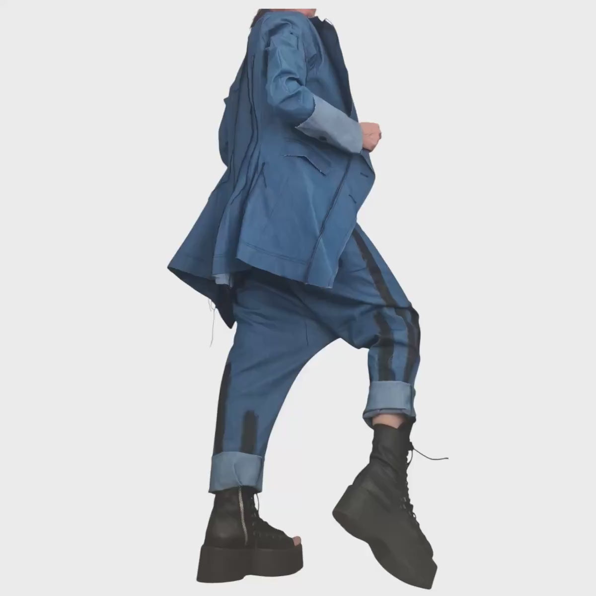 New collection Extravagant Denim Women Costume, Asymmetric Avant Garde Blazer, Women Harem Pants, Deconstructed Futuristic Clothing