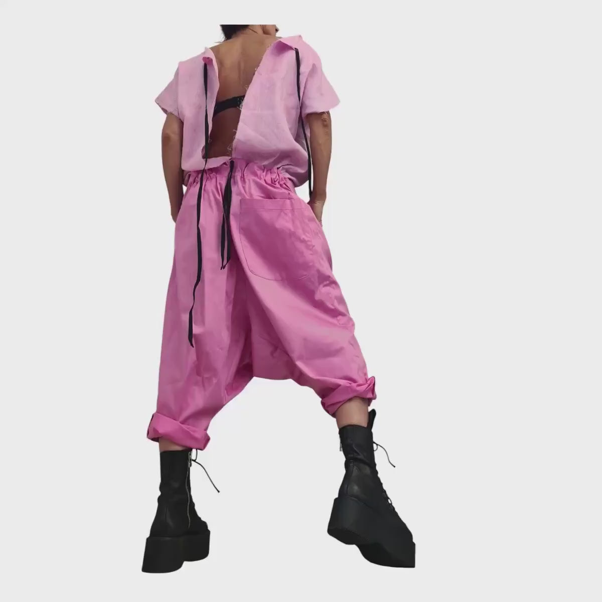 White Linen Harem Jumpsuit, Open Back Drop Crotch Overall, Sleeveless Loose Summer Romper