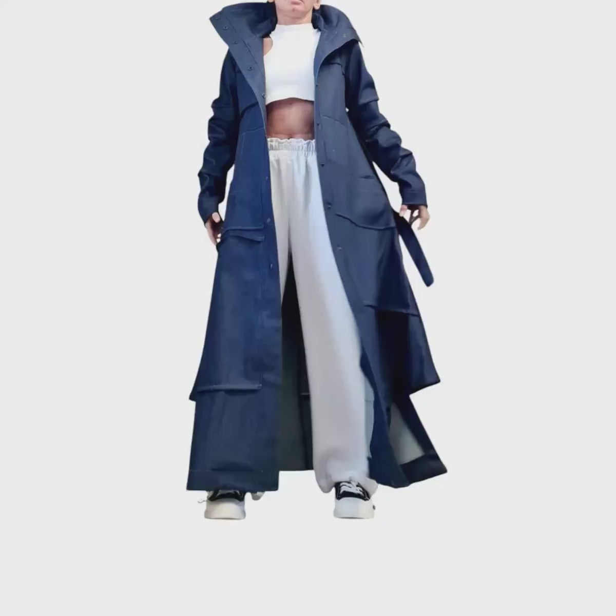 Black Denim Asymmetric Long Trench Coat Oversized Avant Garde Statement Jacket Outfit for Women