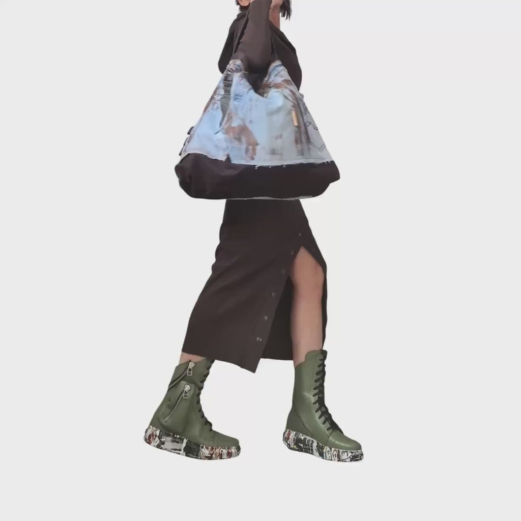 Avant Garde Large Denim Bag, Asymmetrical Patchwork Tote, Handmade Painted Shoulder Bag Women