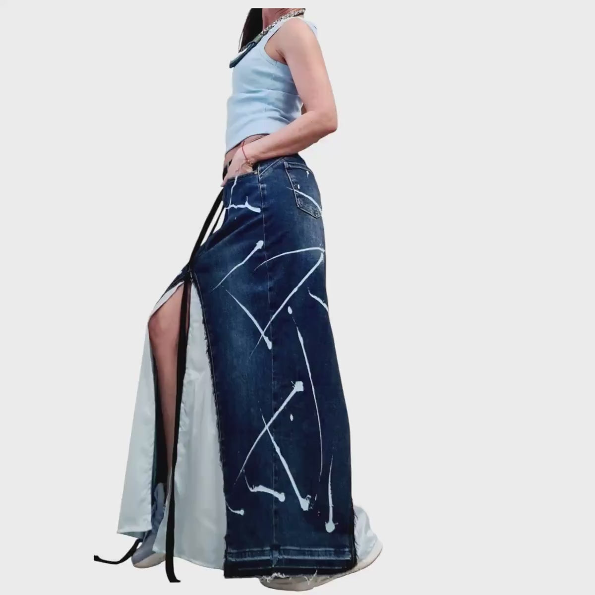 Asymmetric Denim Skirt Maxi Length Blue Satin Panel High Waist Avant Garde Clothing