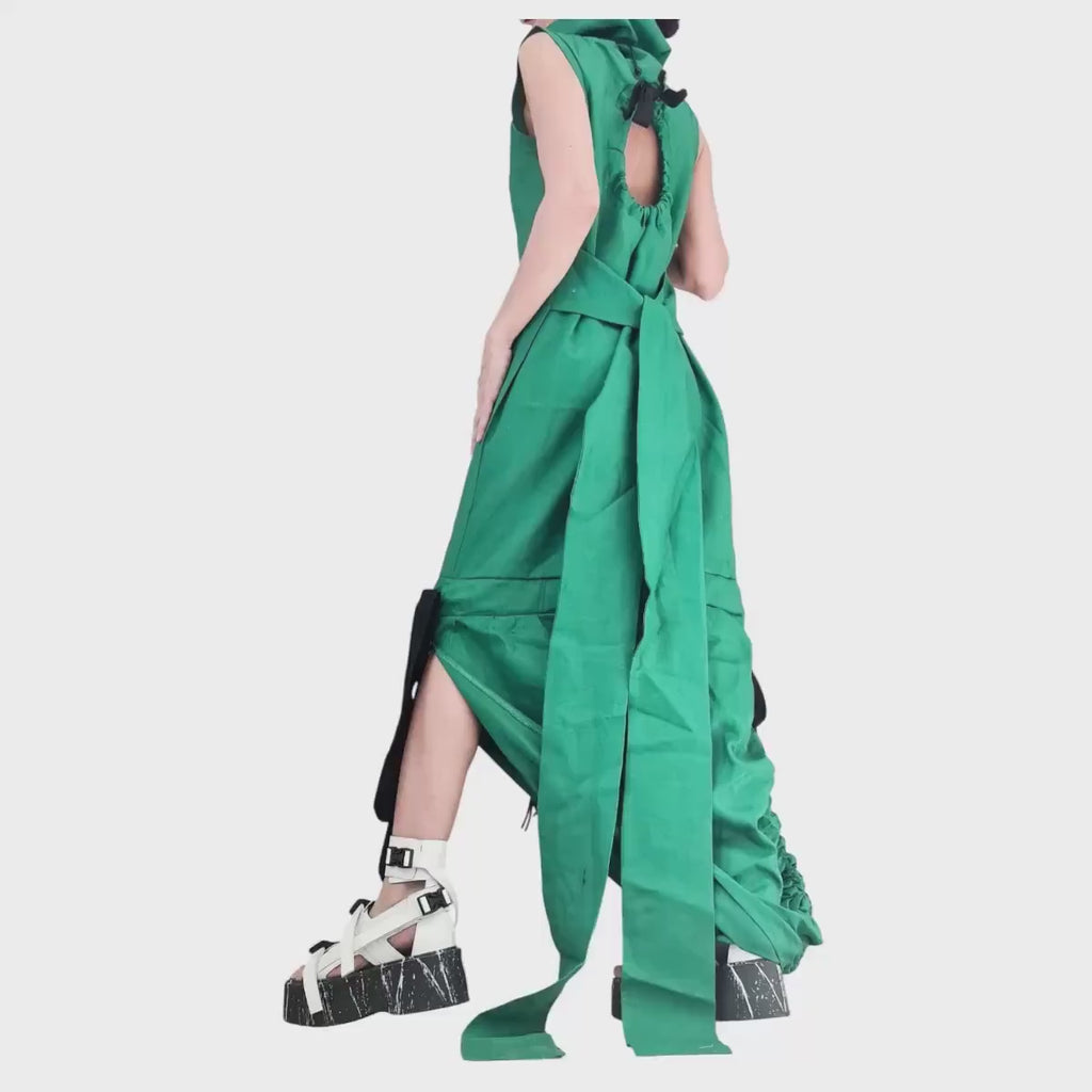 Green Linen Maxi Dress, Open Back, Asymmetric Sleeveless Fit, Avant Garde Plus Size Dress