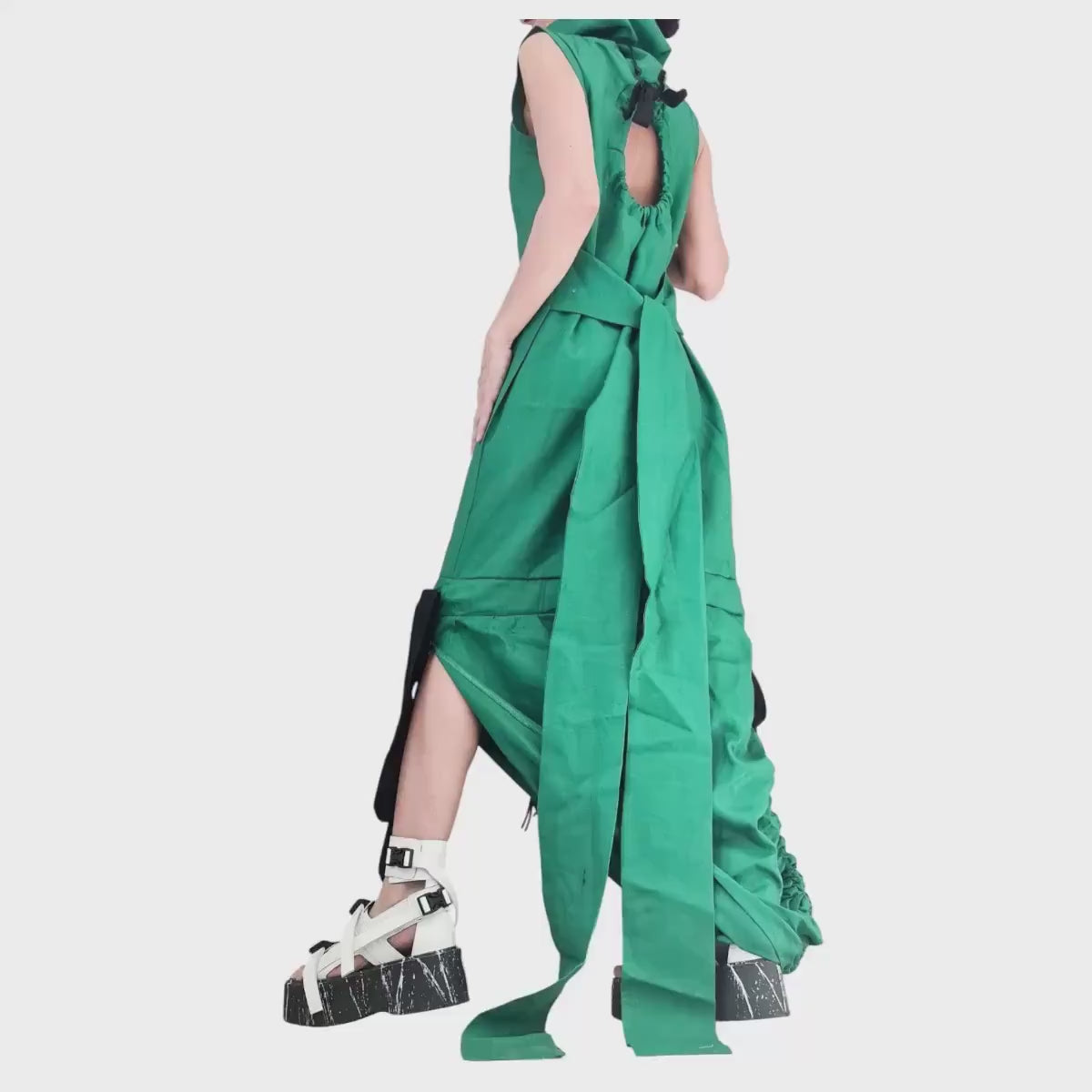 Green Linen Maxi Dress, Open Back, Asymmetric Sleeveless Fit, Avant Garde Plus Size Dress