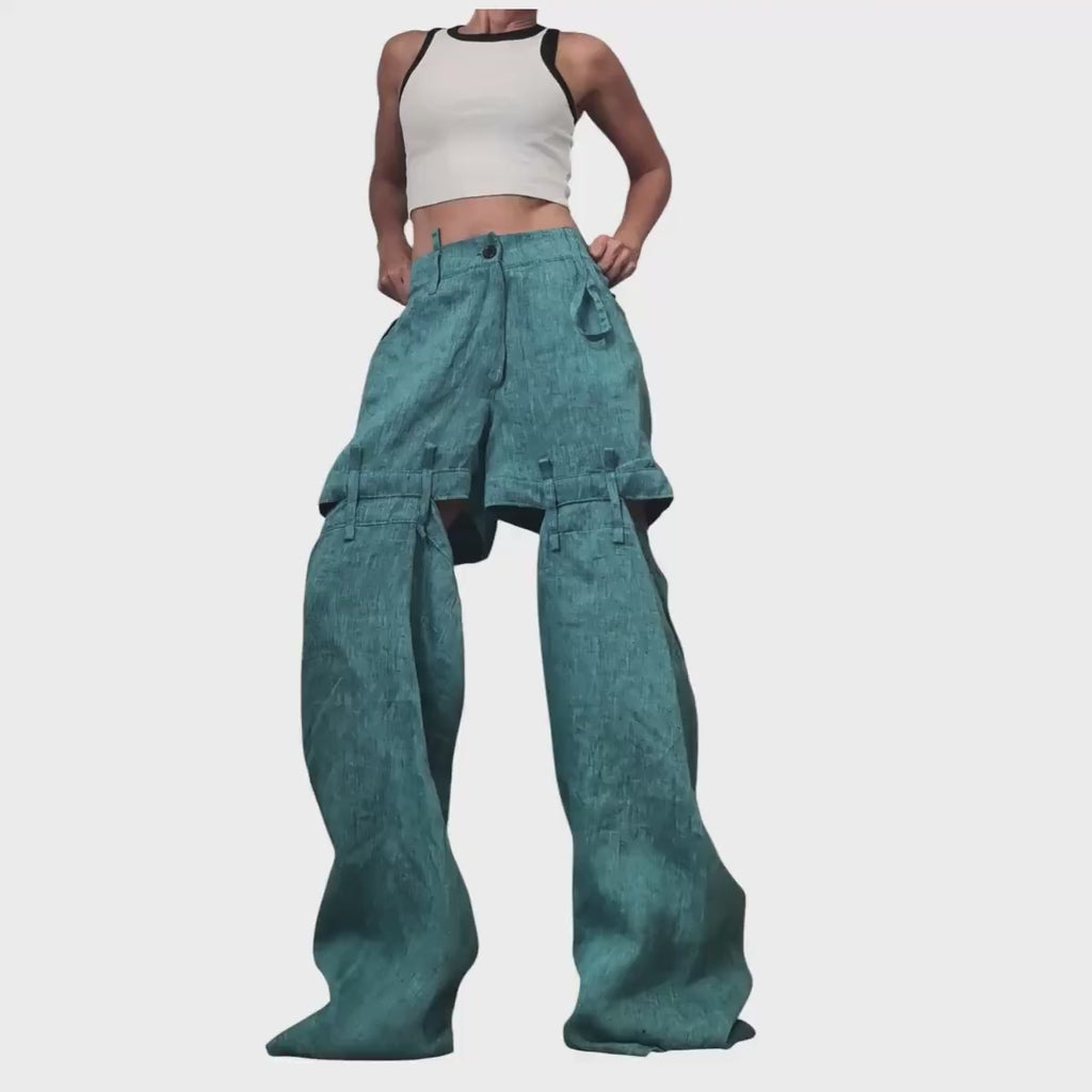Turquoise Linen Drop Crotch Pants – Modular Linen Trousers