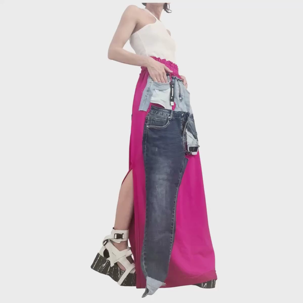 Fuchsia Maxi Skirt Cotton with Denim Details, Hot Pink Long Avant Garde Skirt