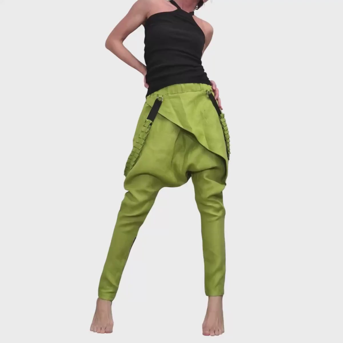 Pistachio Green Linen Pants for Women, Statement Drop Crotch Trousers with Straps, Handmade Clothing