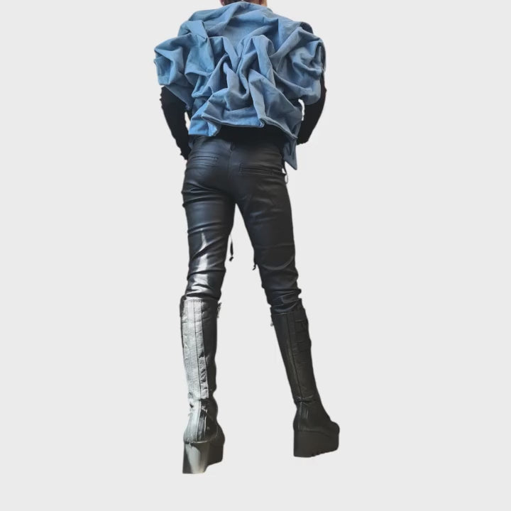 Denim Extravagant Jacket, Avant-Garde Denim Jacket, Light Blue Asymmetric Jacket with Ruffles, Handmade Statement Short Coat