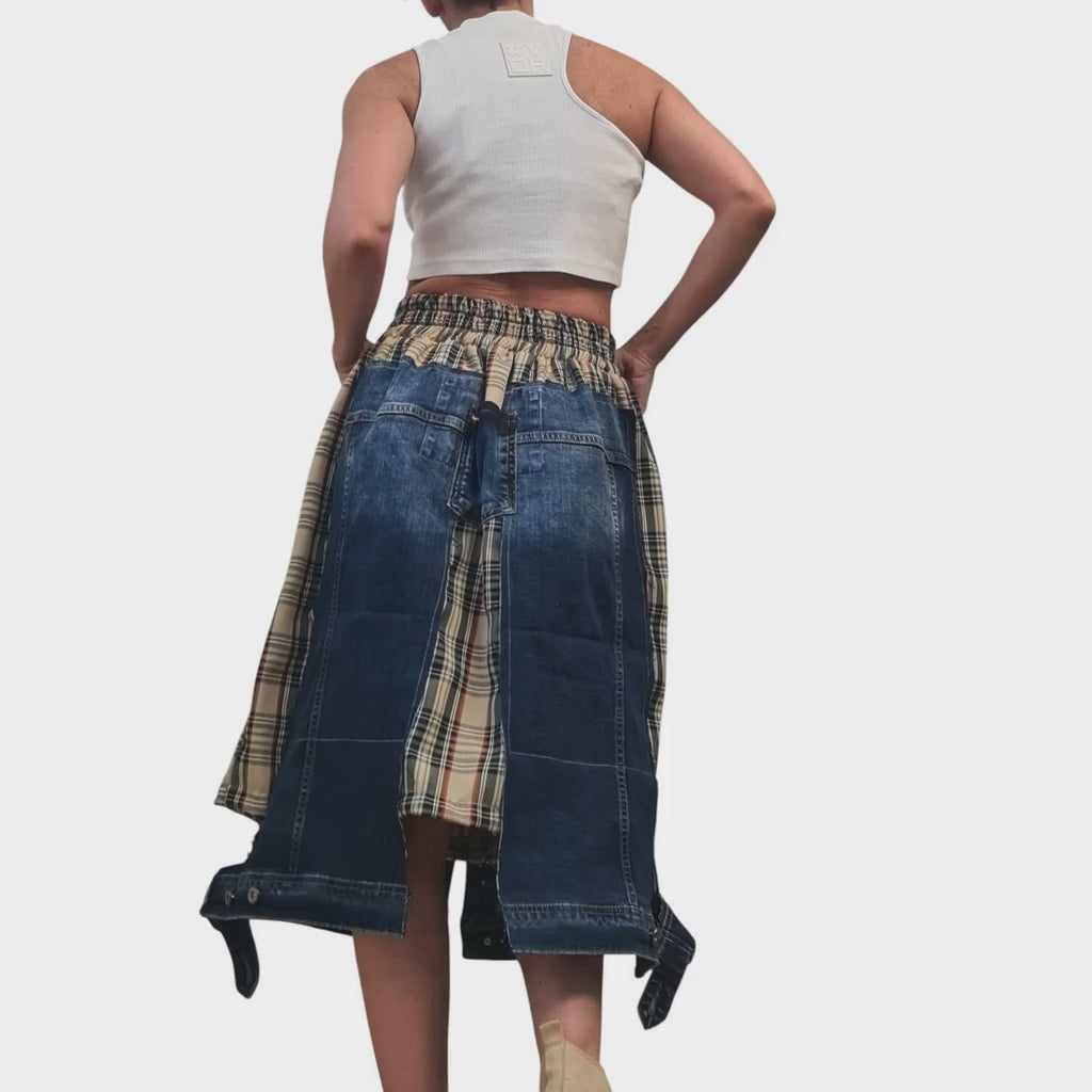 Avant Garde Denim and Plaid Midi Skirt with Cargo Style Pockets, Artistic Designer Streetwear, Handmade Custom Made Statement Fashion