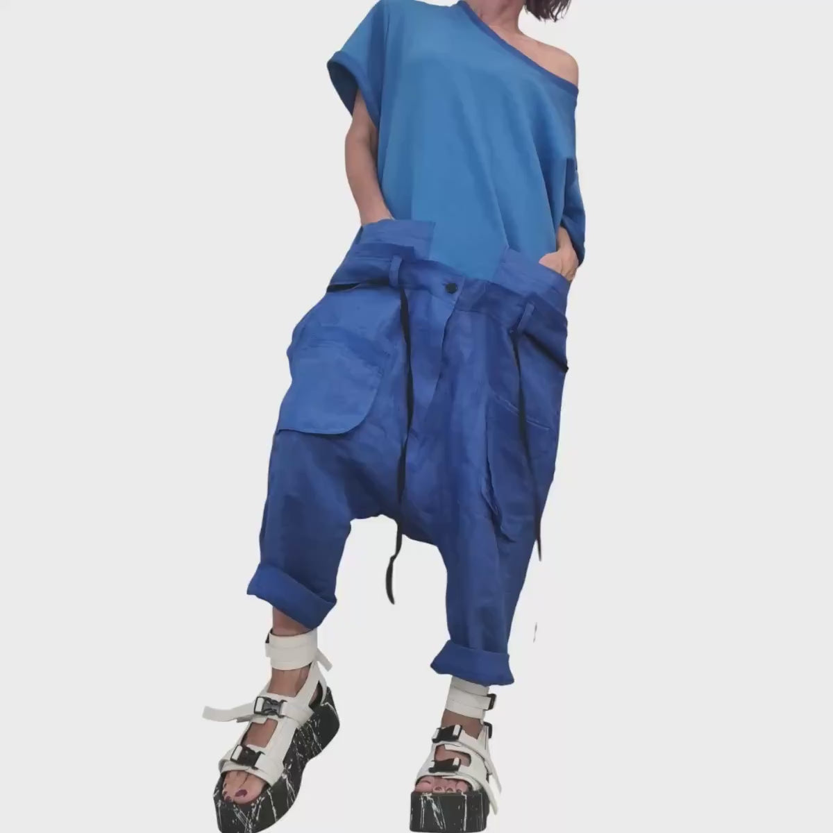 Blue Linen Harem Jumpsuit, Asymmetric Loose Overall, Wide Leg Drop Crotch Summer Romper