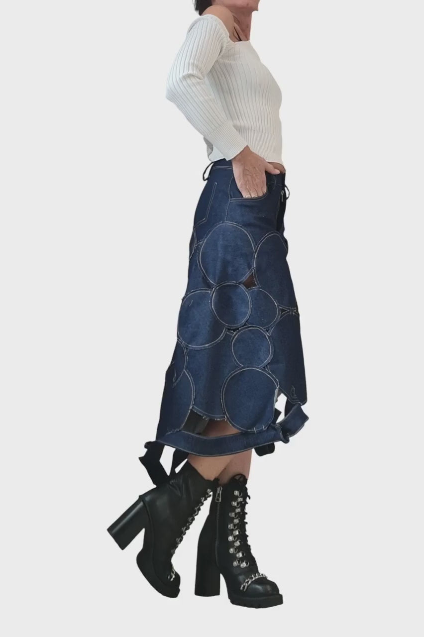 Avant Garde Denim Circle Patchwork Skirt | Free USA Shipping DDP