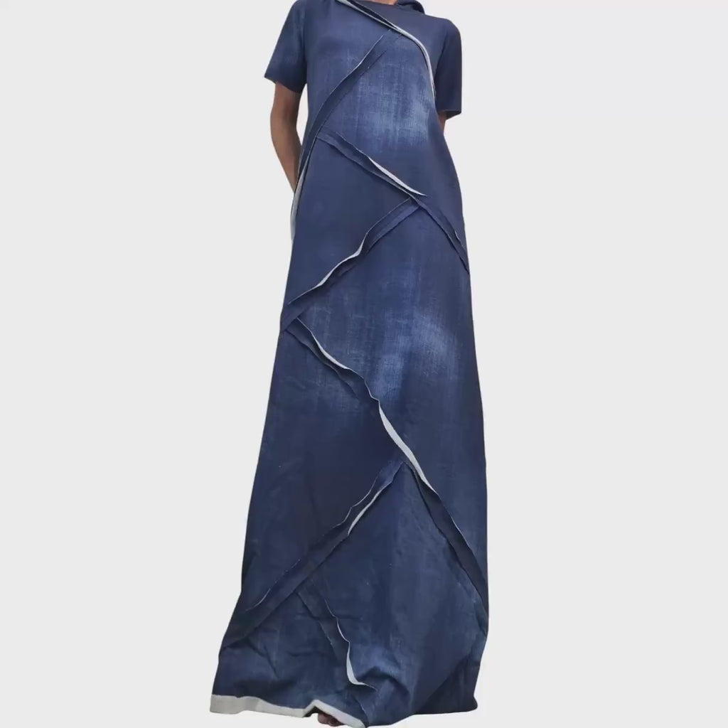 Hooded Long Cotton Dress, Loose Avant Garde Dress for Women, Printed Denim Effect