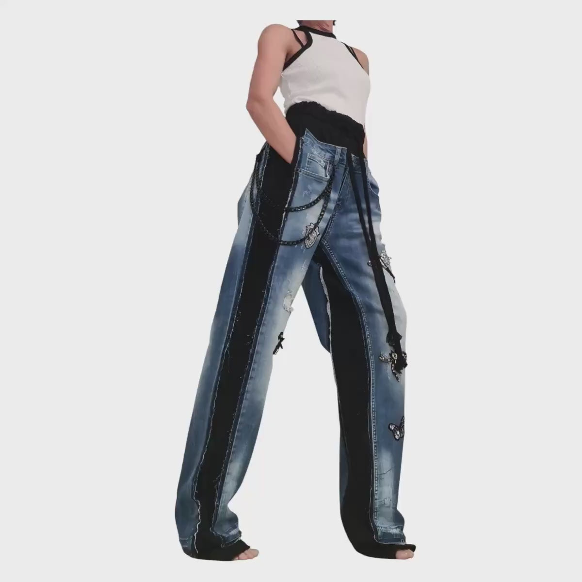 Deconstructed Denim Pants Women Wide Leg Streetwear Hip Hop Style Designer Trousers