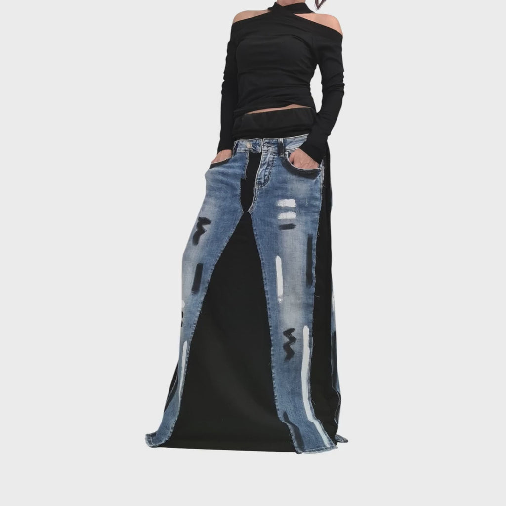 Avant Garde Denim Maxi Skirt | Deconstructed A-Line Design