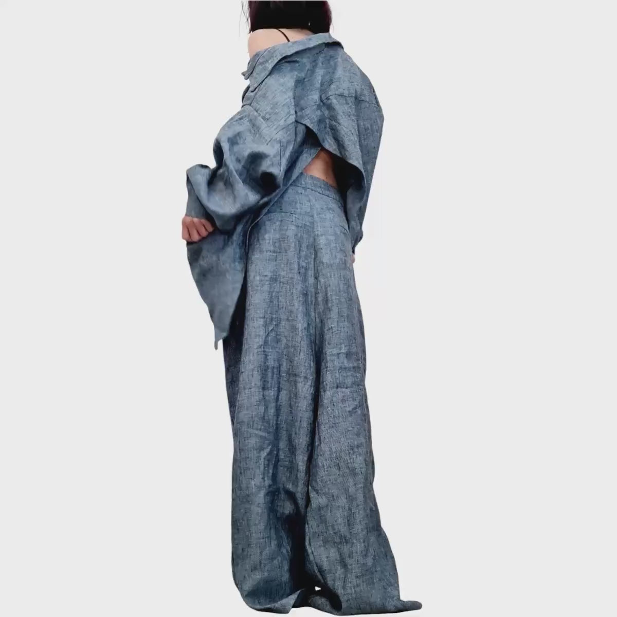 Denim Linen Shirt, Open Back Top, Asymmetric Off Shoulder Blouse, Avant Garde Style