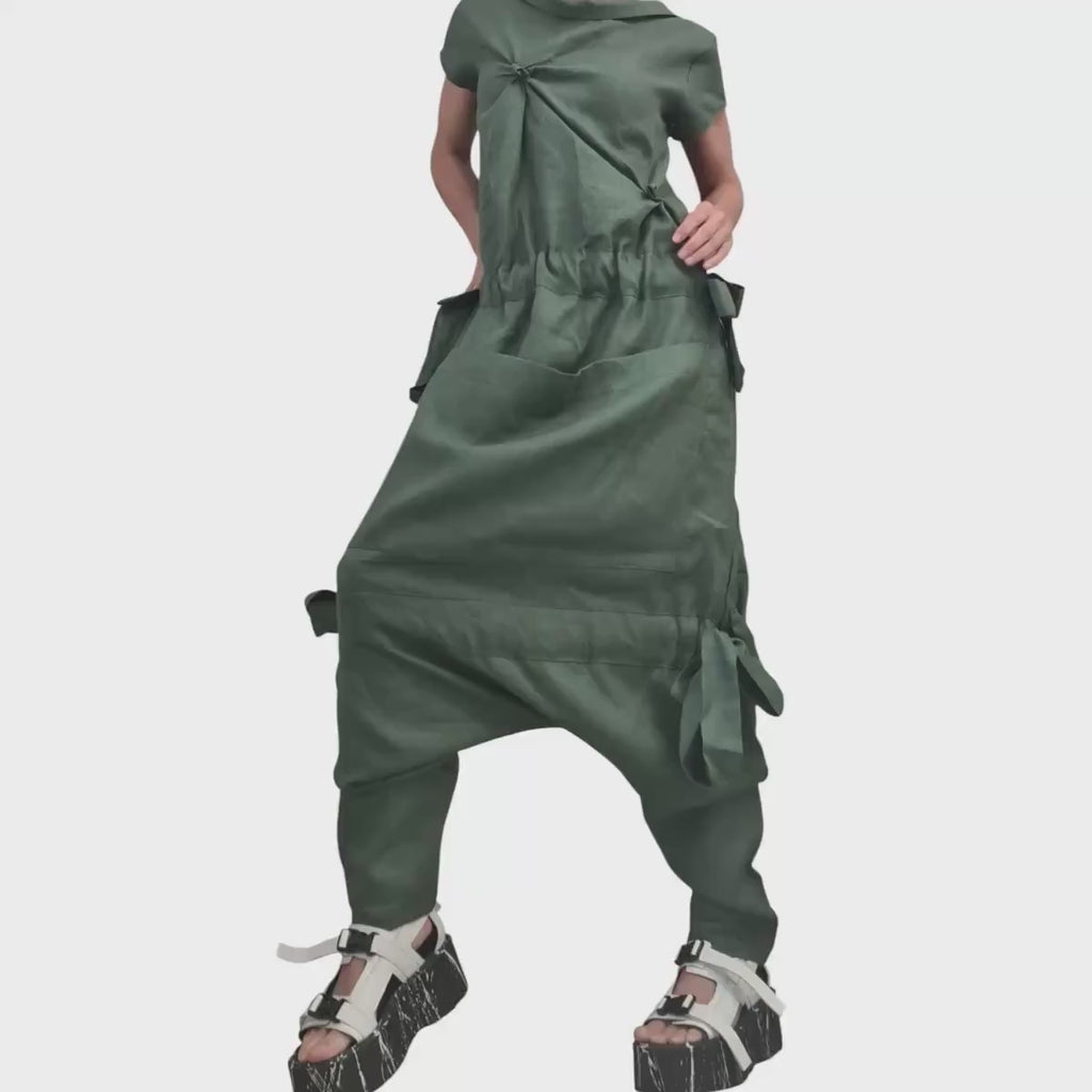 Olive Oil Asymmetric Linen Woman Jumpsuit, Wide Leg Harem Sleeveless Loose Overall
