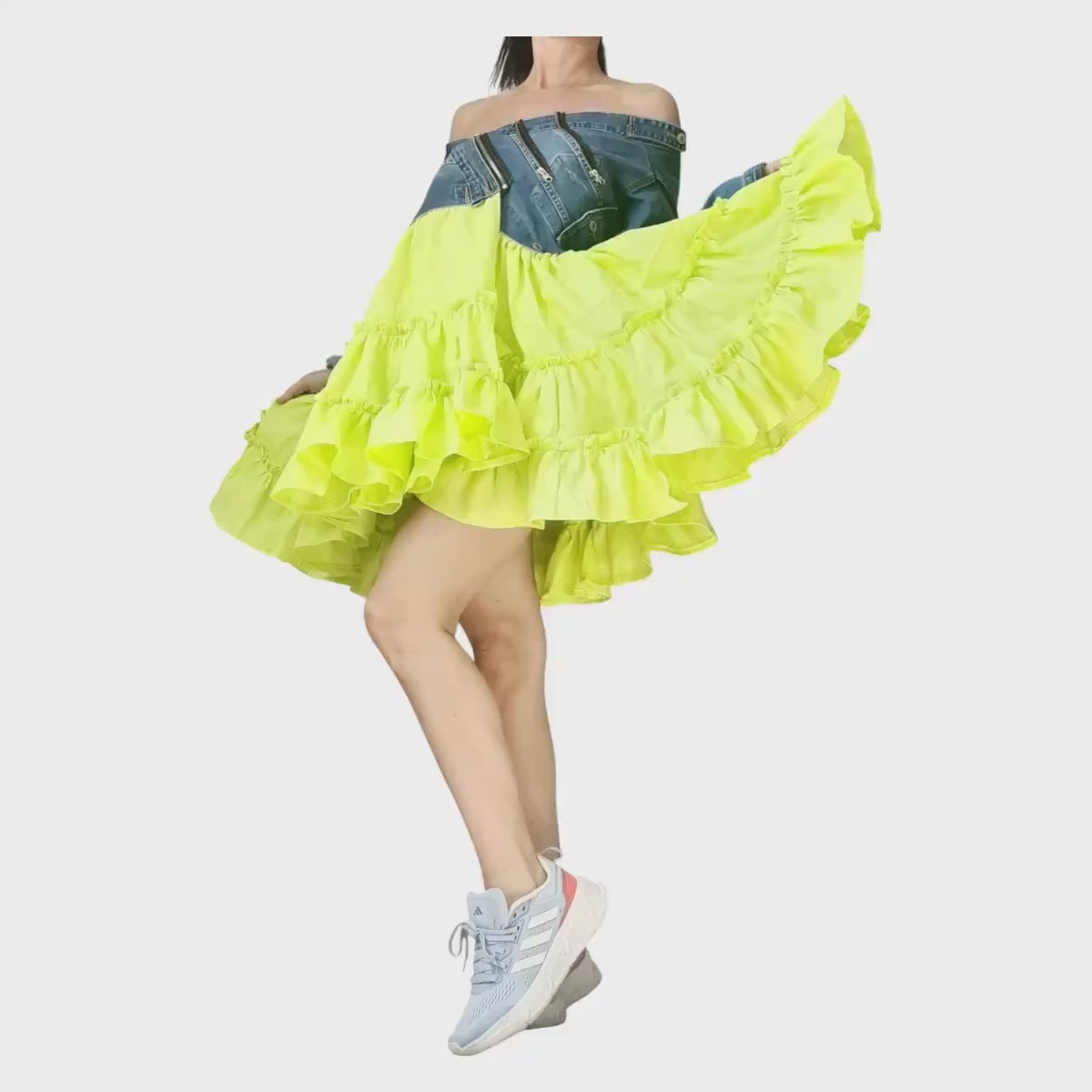 Off Shoulder Denim and Linen Dress for Women, Lime Ruffle Skirt, Asymmetric Oversize Clothing