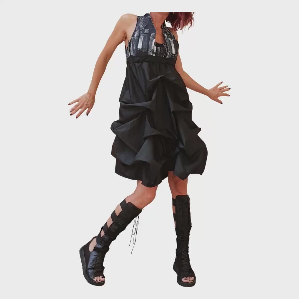 Open Back Maxi Dress, Denim Top Black Bottom Dress, Oversized Avant Garde Clothing