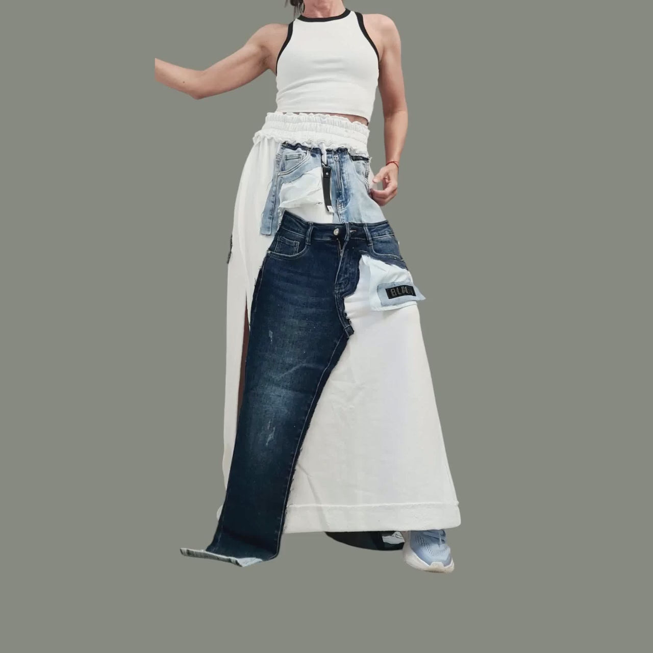 White Maxi Skirt, Cotton with Denim Details, Asymmetric Design with External Seams
